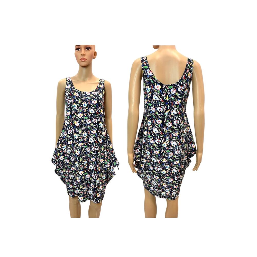90s Floral Print Rayon Sundress | Botanical Print Draped Hip Tank Dress | XS